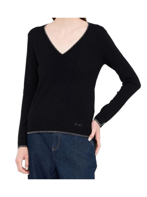 Maglia da donna in misto viscosa e lurex, scollo a V, colore nero LIU JO | MF5227-MS49I22222
